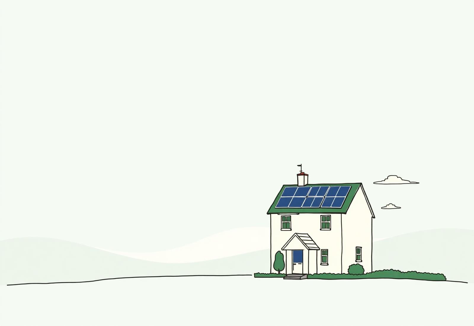 Illustration of a house with solar panels and an air source heat pump